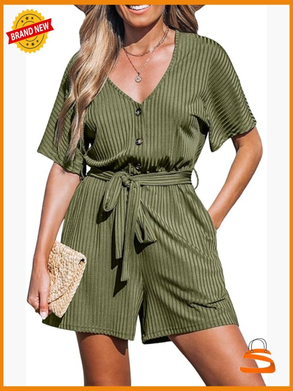 Ribbed V-Neck Short Sleeve Romper with Waist Tie Casual Dressy Jumpsuit